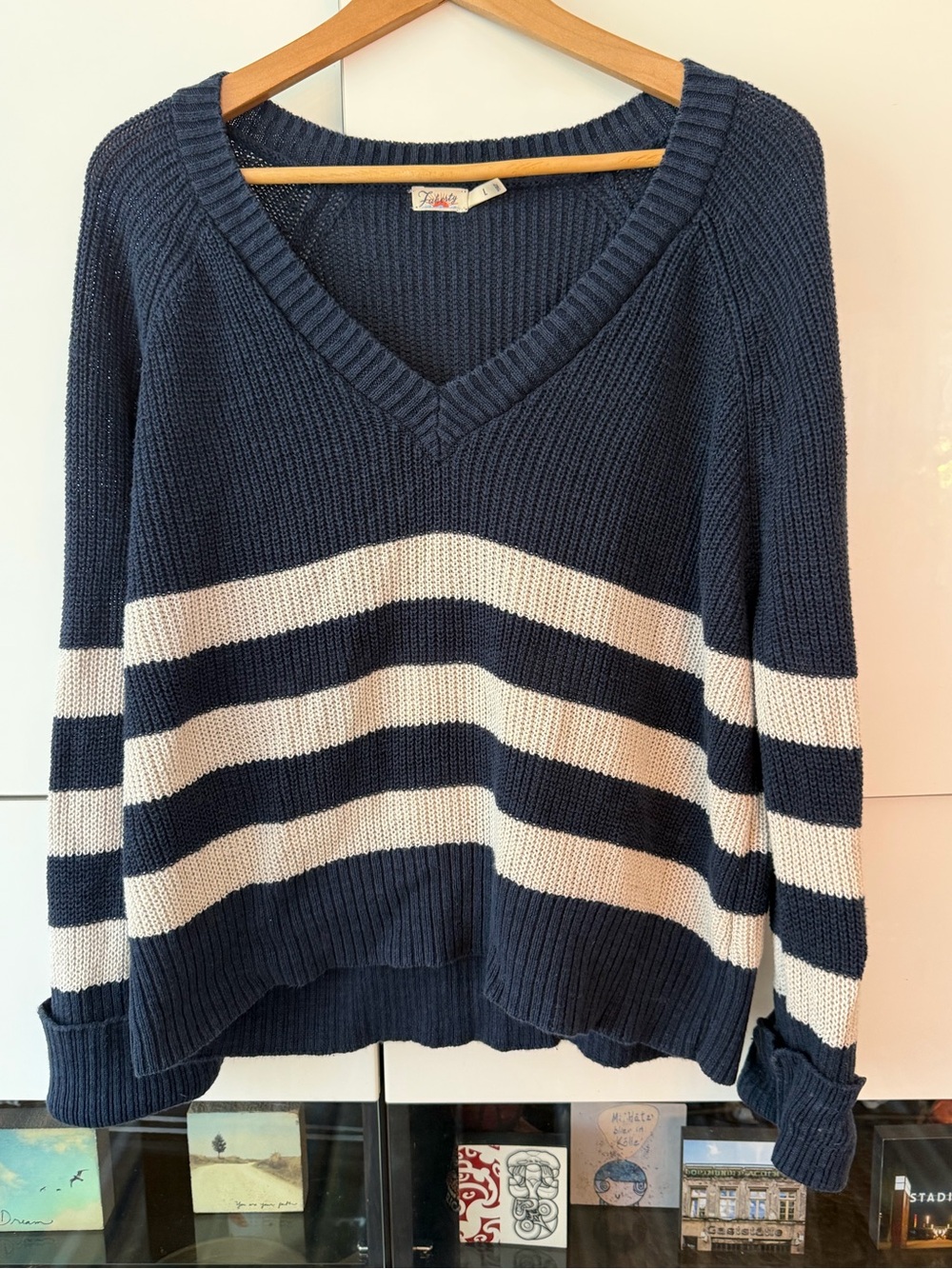 Faherty Navy and Cream Striped V-Neck Sweater